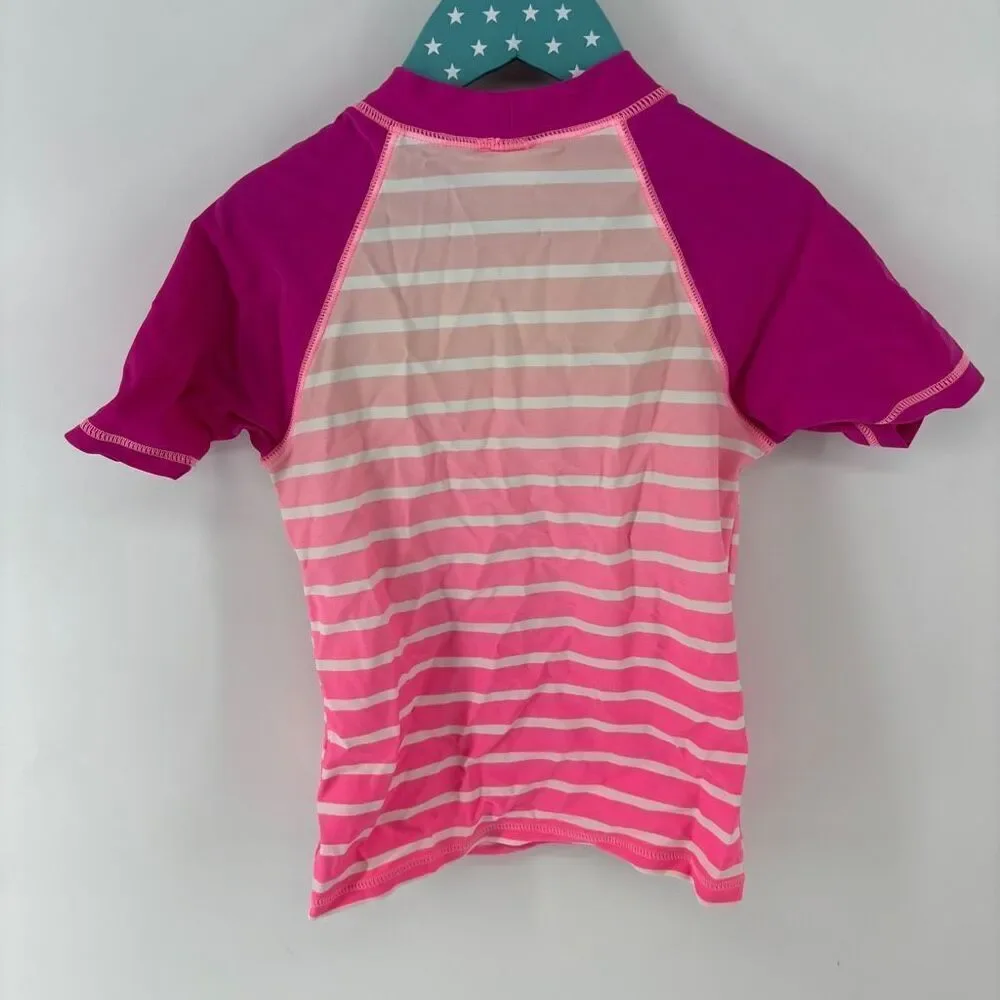 OshKosh B'gosh Kid's Red Pink Striped Ocean Print Swim Shirt Top Size 8